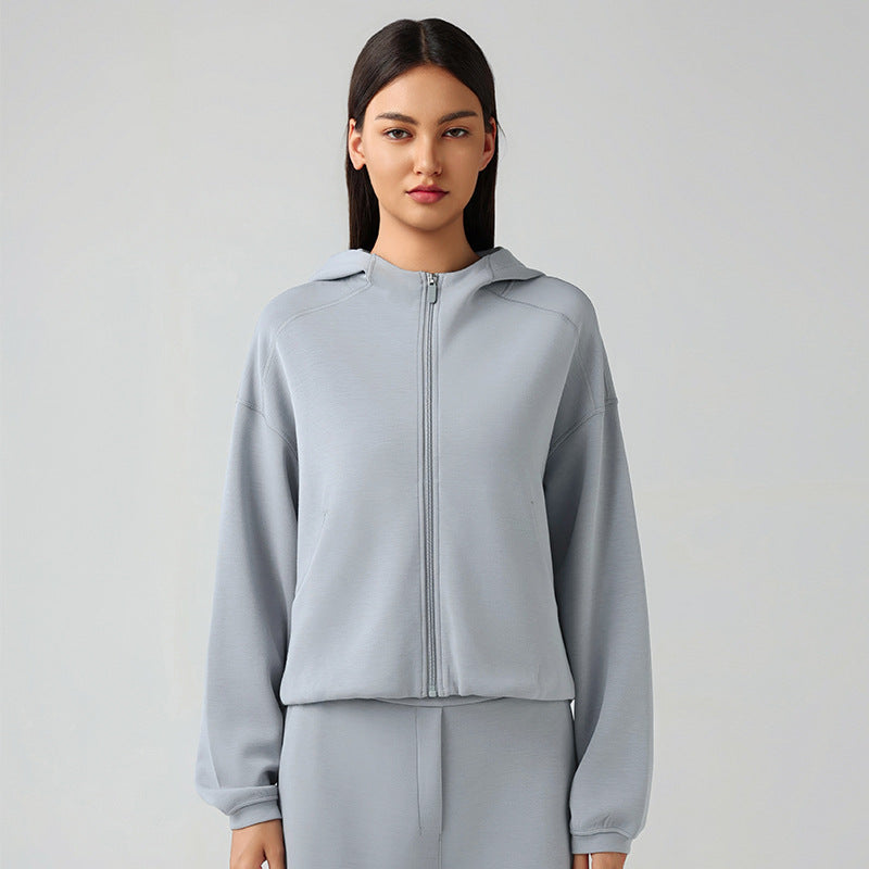 Hooded Zip Cardigan Coat Women Autumn Winter Loose Fitting Casual Pullover Running Fitness Sports Top
