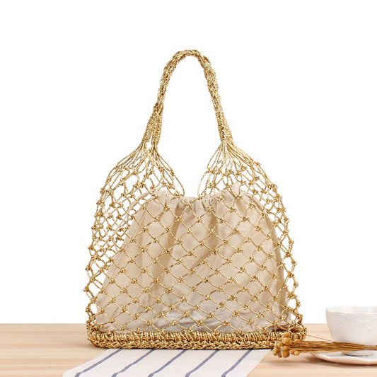Solid Color Metallic Yarn Hand Crocheting Woven Bag Trendy Women Mori Portable Straw-Weaved Bag Beach Bag