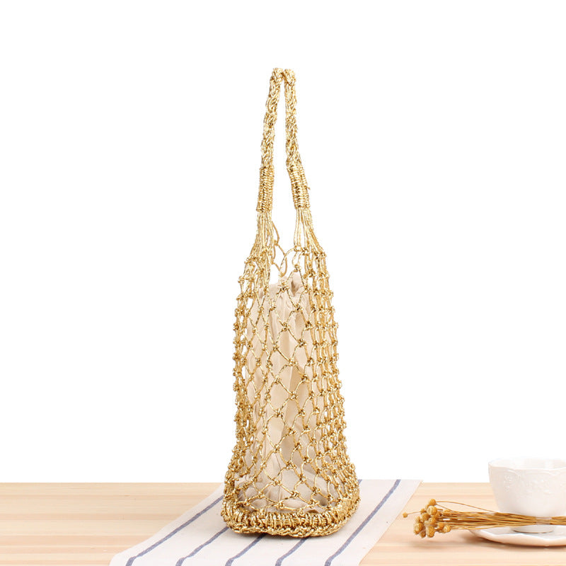 Solid Color Metallic Yarn Hand Crocheting Woven Bag Trendy Women Mori Portable Straw-Weaved Bag Beach Bag