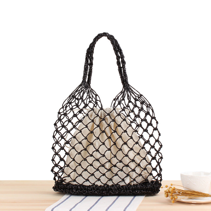 Solid Color Metallic Yarn Hand Crocheting Woven Bag Trendy Women Mori Portable Straw-Weaved Bag Beach Bag