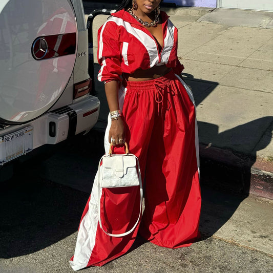 Women Clothing Sportswear Suit Woven Baggy Coat Two Piece Set Stitching Spring Autumn