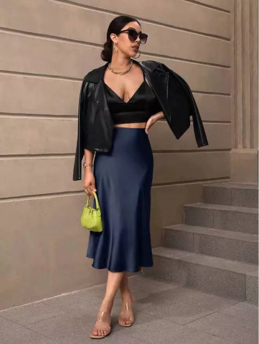 Hip Wrapped Fishtail Skirt Satin Mid Length Skirt Autumn Women Clothing Direct