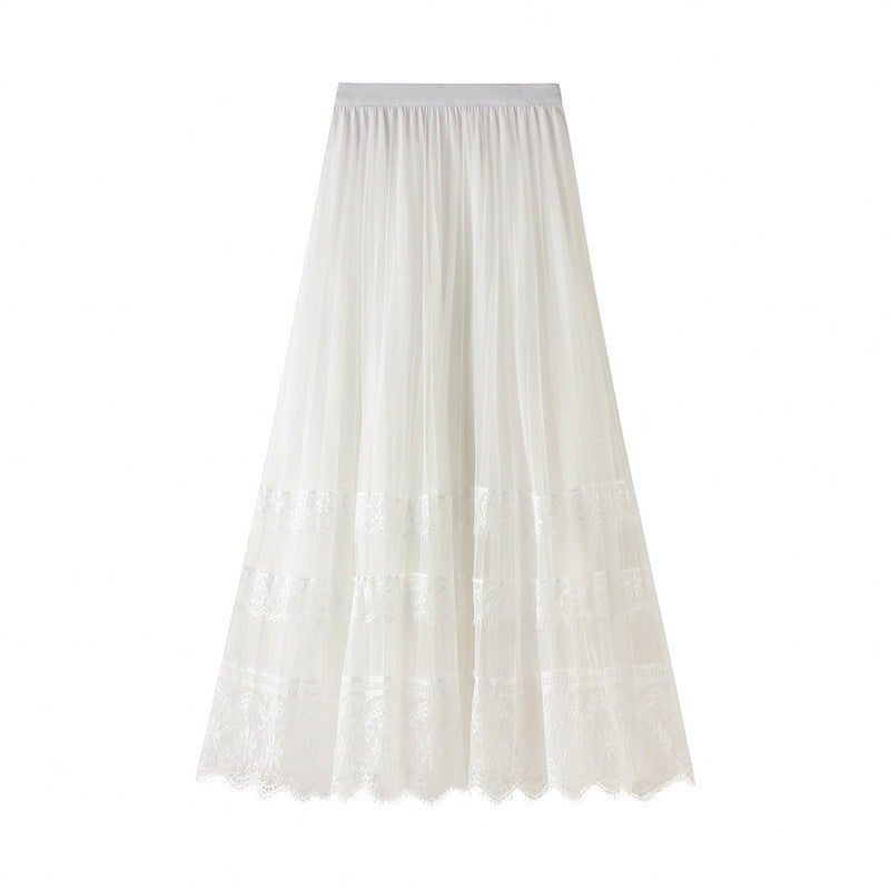 Skirt Spring Korean High Waist Lace Patchwork Tulle Skirt Women Pleated Skirt A Line Midi Skirt