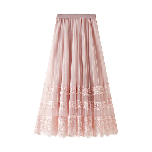 Skirt Spring Korean High Waist Lace Patchwork Tulle Skirt Women Pleated Skirt A Line Midi Skirt