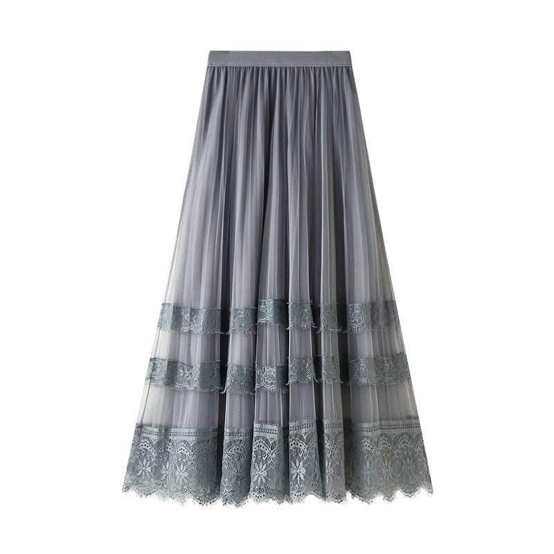 Skirt Spring Korean High Waist Lace Patchwork Tulle Skirt Women Pleated Skirt A Line Midi Skirt