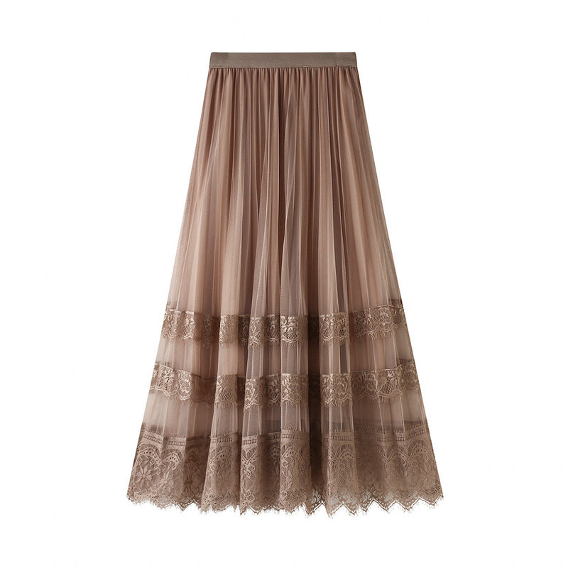 Skirt Spring Korean High Waist Lace Patchwork Tulle Skirt Women Pleated Skirt A Line Midi Skirt