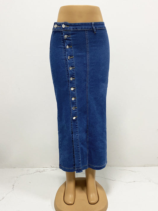Women Clothing Button Irregular Asymmetric Slit Half Denim Skirt High Waist Sexy Slim Hip Skirt