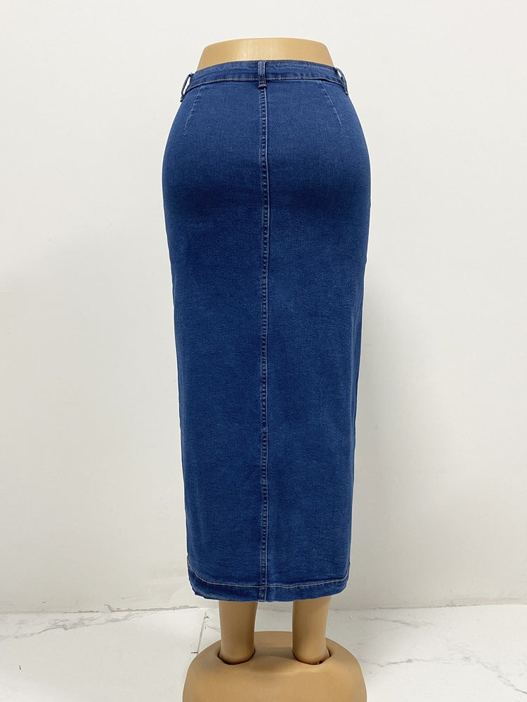 Women Clothing Button Irregular Asymmetric Slit Half Denim Skirt High Waist Sexy Slim Hip Skirt