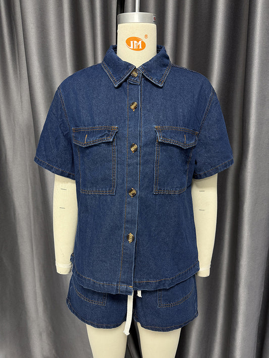 Retro Casual Loose Pockets Short Sleeved Shirt Shorts Denim Two Piece Sets