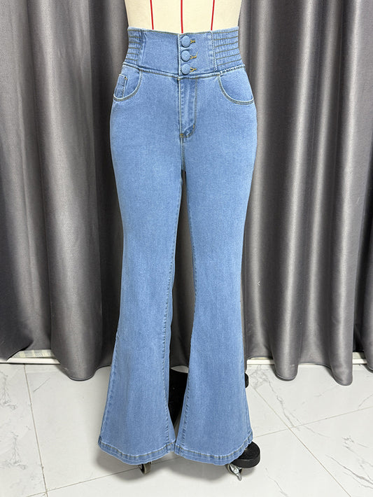 Elastic Waistband High Waist Stretch Slim Fit Hip Lifting Denim Trousers
