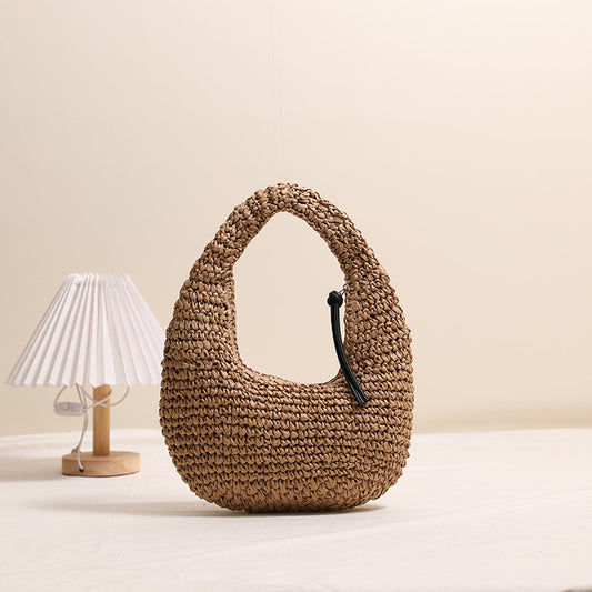 Solid Color Hand Carrying Straw Bag Niche Tassel Hand Carrying Straw Bag Woven Bag Women Seaside Vacation Beach Bag