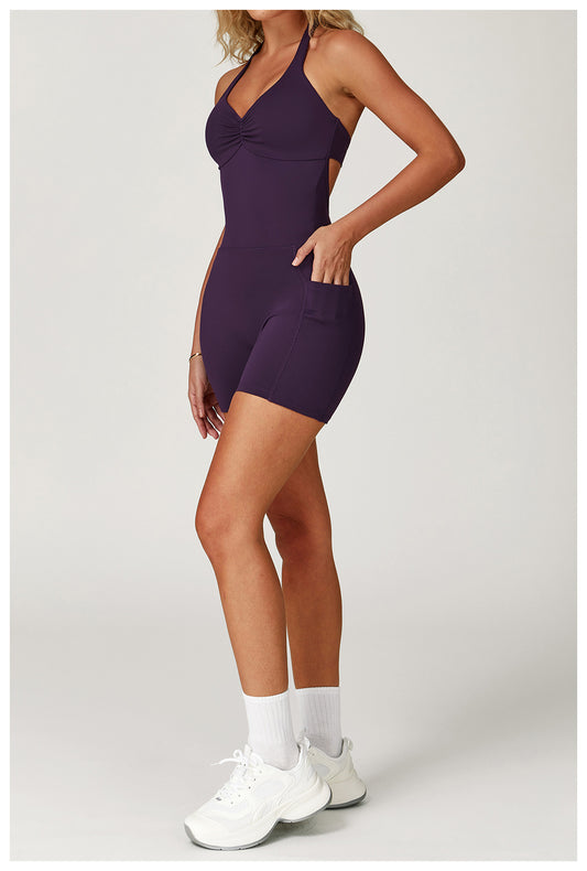 Sollinarry Brushed Jumpsuit Women Hollow Out Cutout out Beauty Back Halter Yoga Clothes Sports Running Fitness One Piece