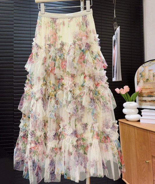 Heavy Industry Stitching Printing Net Yarn Cake Skirt Skirt Women Floral Puffy Long Skirt