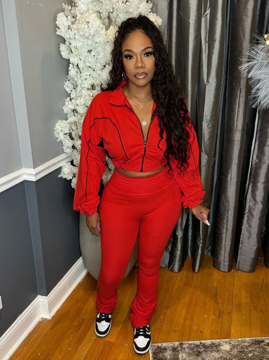 Women Wear Double Stitching Contrast Color Squeeze Fillet Zipper Slightly Flared Two Piece Set Blouse Pants