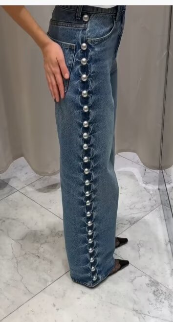 Women Clothing Summer Street Design Rivet Denim Straight Leg Pants
