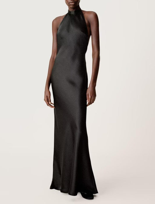 Summer Hanging Collar Silk Satin Texture Dress