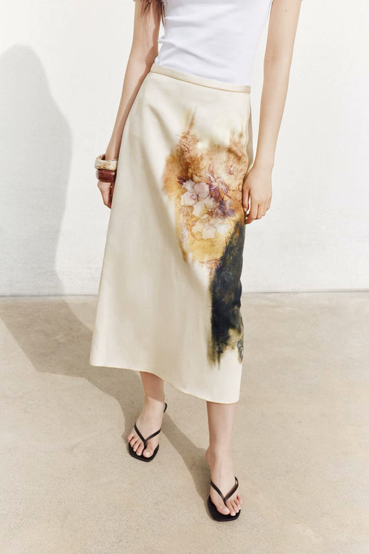 Summer Women Elegant Printed Satin Midi Skirt
