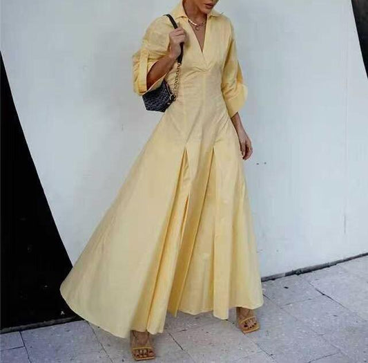 Summer Collared Shirt Trench Coat Solid Color Dress Maxi Dress