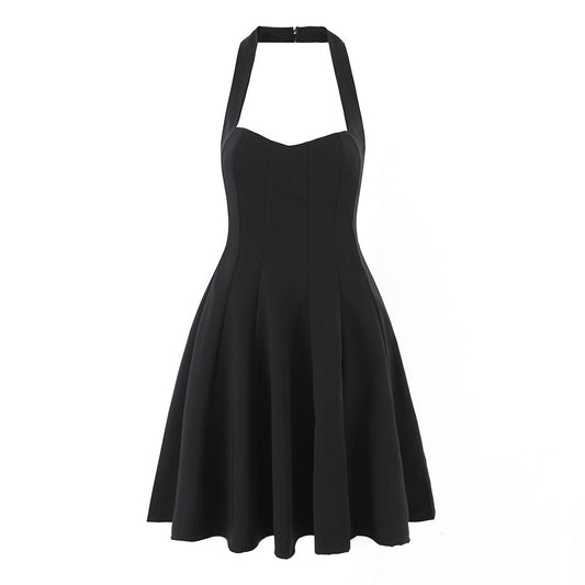 Summer Hepburn Gold Elegant Little Black Dress Women Waist Trimming Lace up Sexy Halter Dress