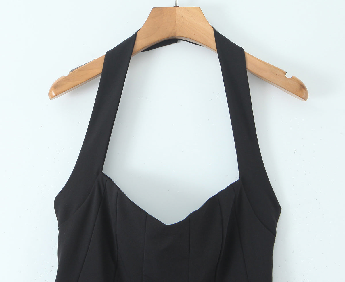 Summer Hepburn Gold Elegant Little Black Dress Women Waist Trimming Lace up Sexy Halter Dress