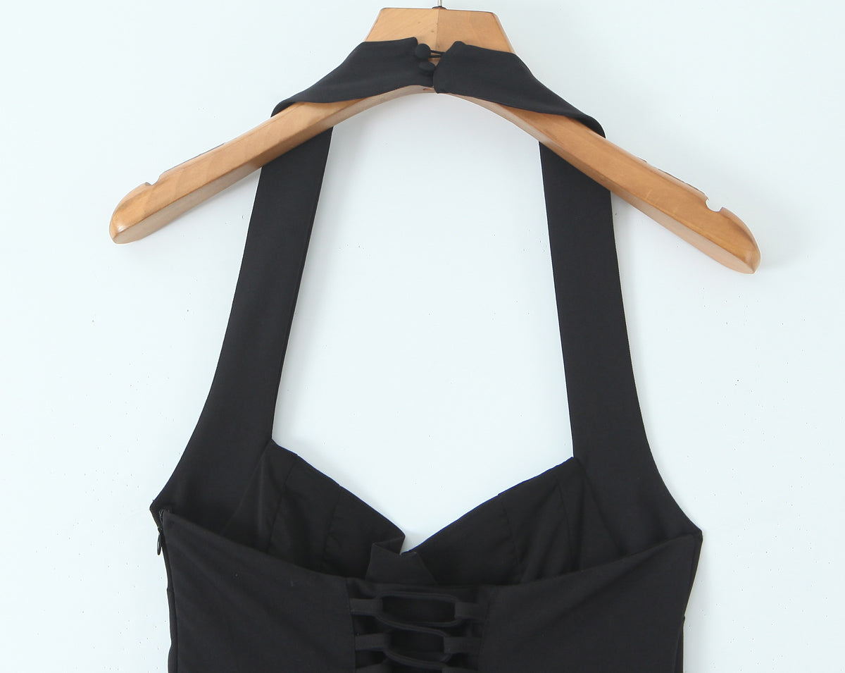 Summer Hepburn Gold Elegant Little Black Dress Women Waist Trimming Lace up Sexy Halter Dress
