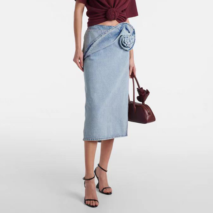 Spring Summer Modern Urban Women Power Sense Three Dimensional Pinch Pleated Rose Washed Denim Pencil Skirt