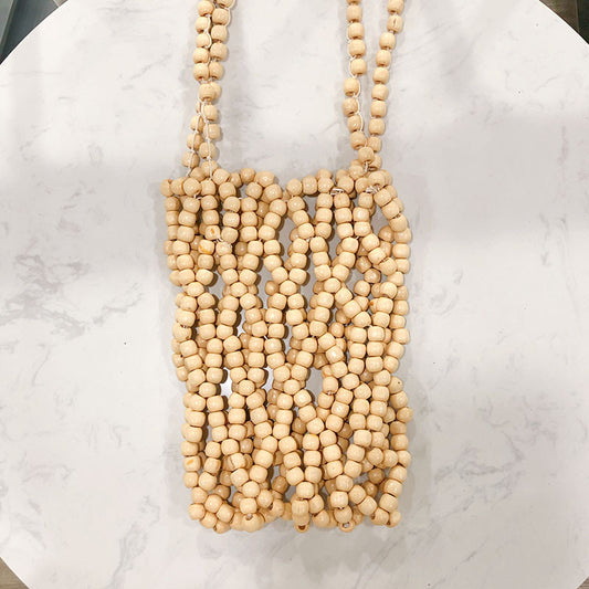 Korean Trendy All Match Autumn Bucket Hollow Out Cutout out Handbag with Wooden Beads Decoration Handmade Beaded Retro One Shoulder Hand Crossbody Bag