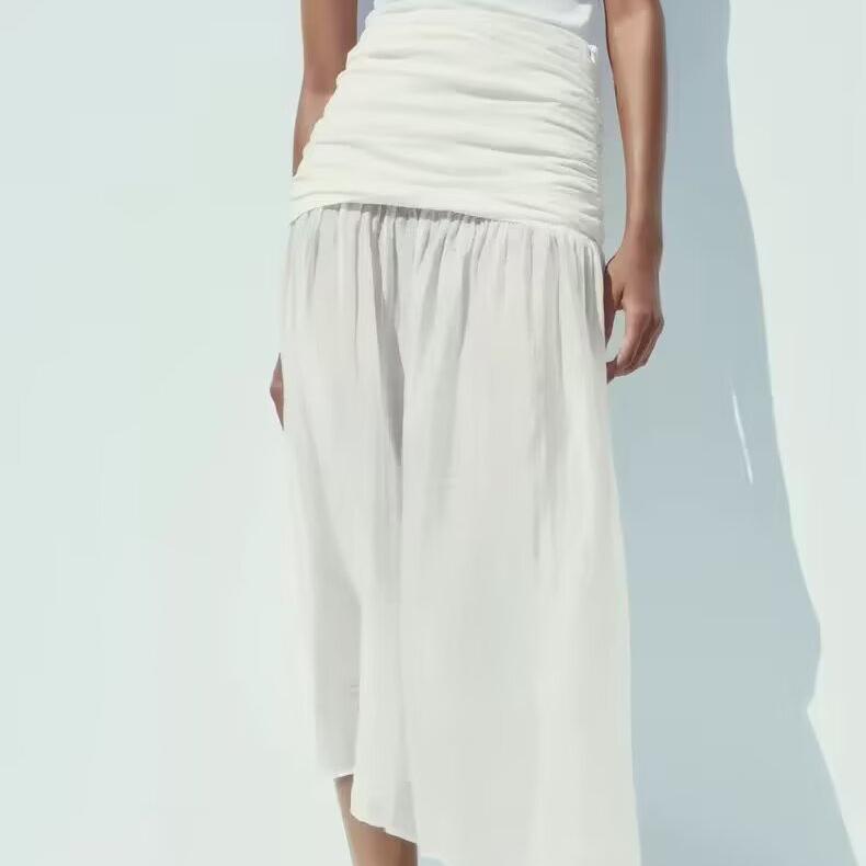 Women Pleated Decorative Stitching Mid Waist Midi Skirt