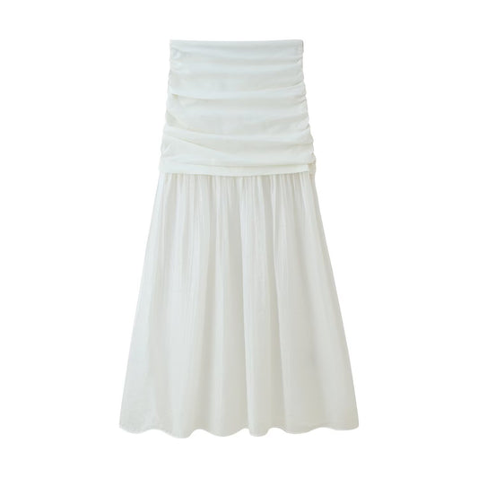 Women Pleated Decorative Stitching Mid Waist Midi Skirt