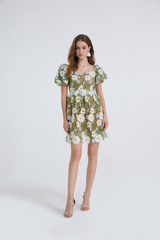 Women Summer Lace Embroidered Puff Sleeve Dress