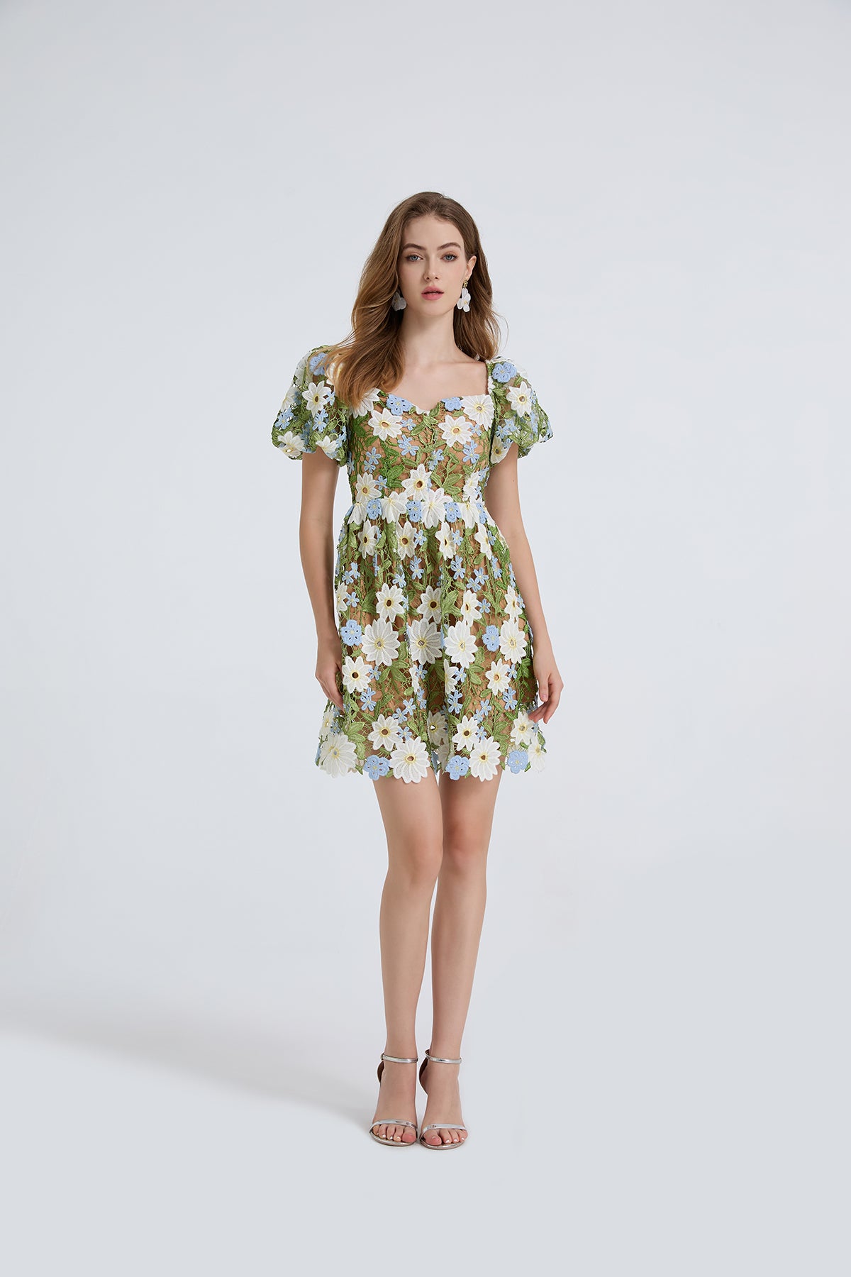 Women Summer Lace Embroidered Puff Sleeve Dress