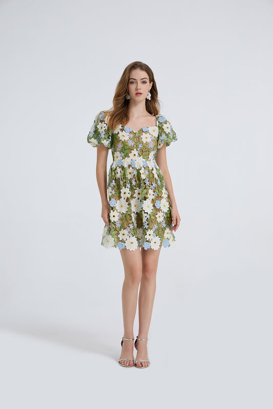 Women Summer Lace Embroidered Puff Sleeve Dress