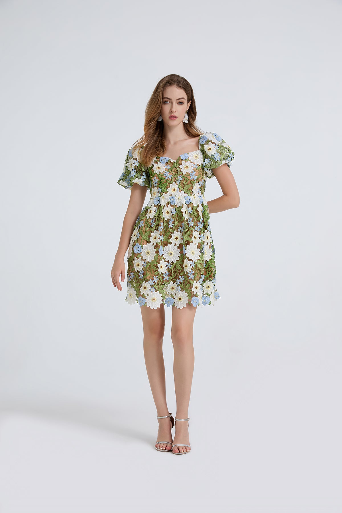 Women Summer Lace Embroidered Puff Sleeve Dress