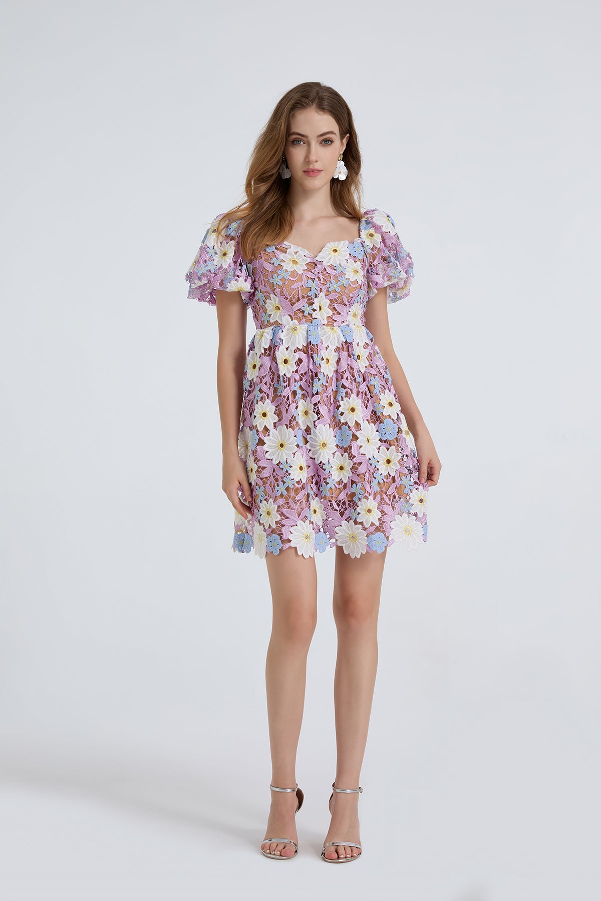 Women Summer Lace Embroidered Puff Sleeve Dress