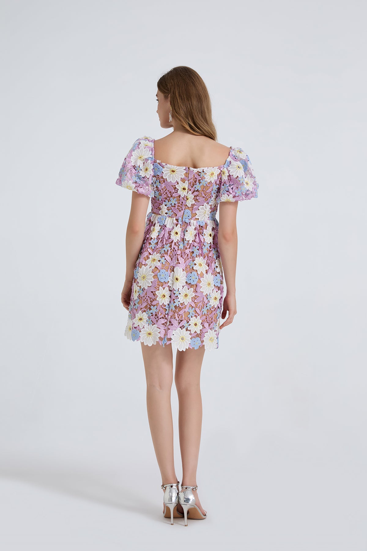 Women Summer Lace Embroidered Puff Sleeve Dress