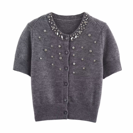 Spring round Neck Short Sleeve Jewelry Inlaid Rib round Neck ShortSleeved Knitted Cardigan