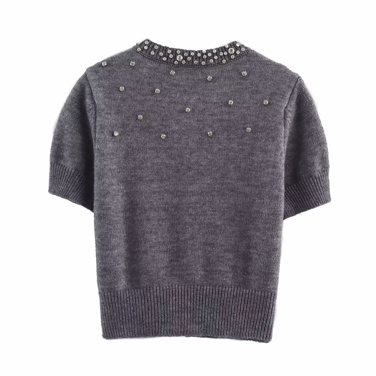 Spring round Neck Short Sleeve Jewelry Inlaid Rib round Neck ShortSleeved Knitted Cardigan