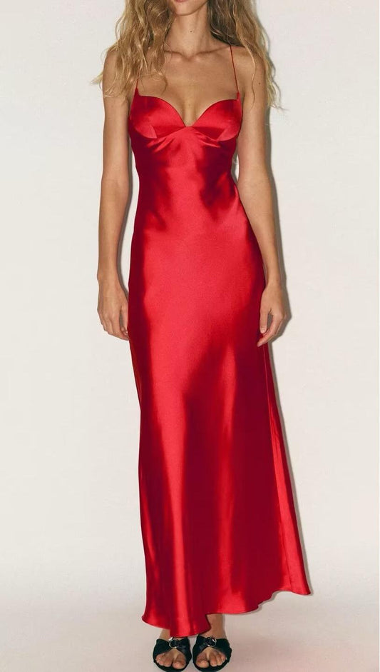 Women Clothing Summer Elegant Silk Satin Texture Strap Length Dress