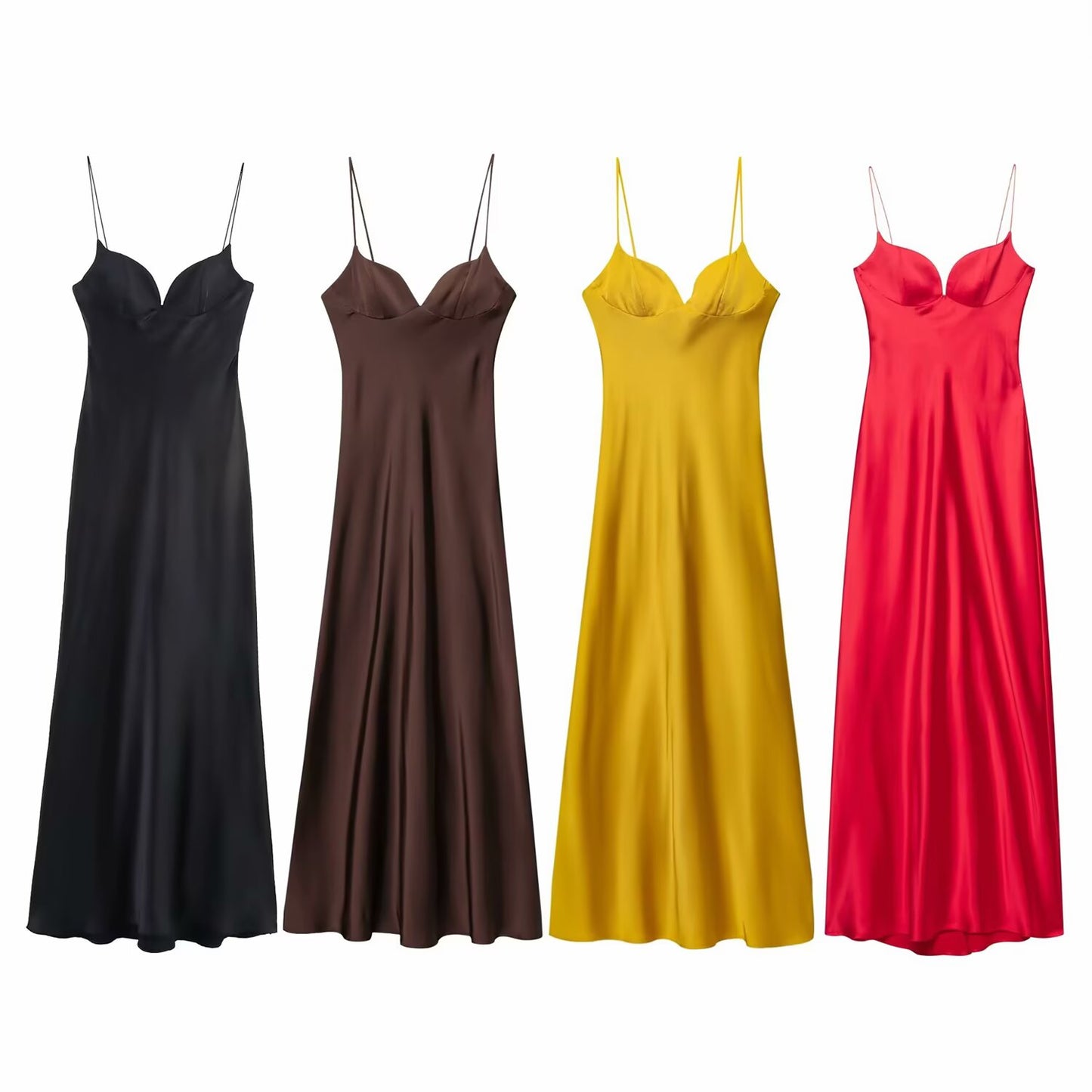 Women Clothing Summer Elegant Silk Satin Texture Strap Length Dress