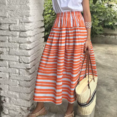 Summer Striped Printed Ruffled Large Swing Vacation Women Skirt
