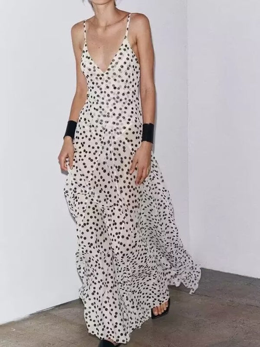 Women Clothing Fashionable Polka Dot Printed Long Sling Dress
