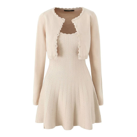 Knitted Cardigan Vest Dress Sets Women Modified Chest Waistline One Piece Long Sleeve Knitted Dress