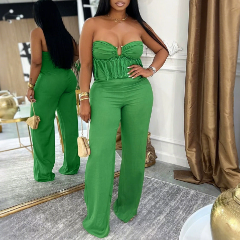 Sexy Tube Top Solid Color Jumpsuit Casual Slim Trousers