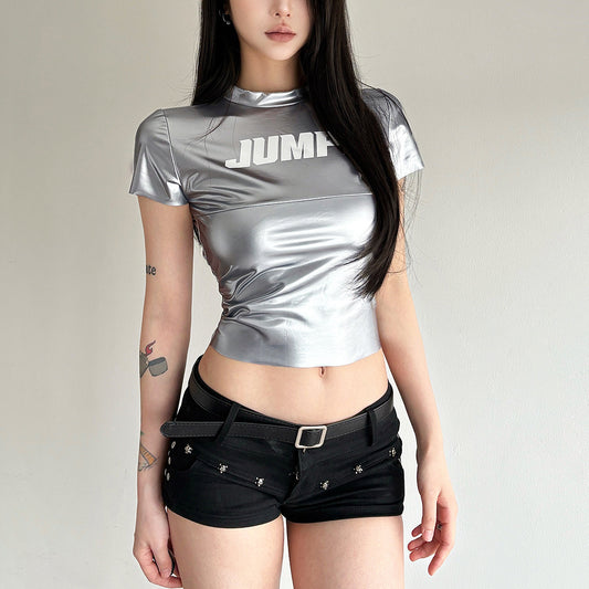 Summer Women Clothes Sexy round Neck Letter Graphic Print Slim Fit Slimming Top Women