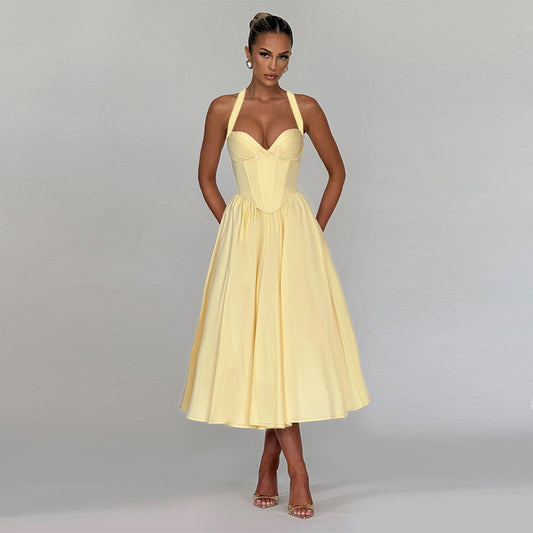 Halter Bow Waist Slimming Chest A line Dress Women Evening Maxi Dress