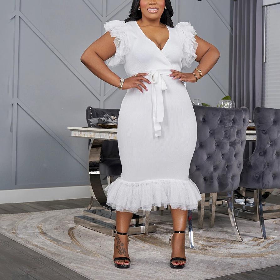 Sexy V neck Solid Color Dress Mesh Pleated Slim Fit Hip Dress