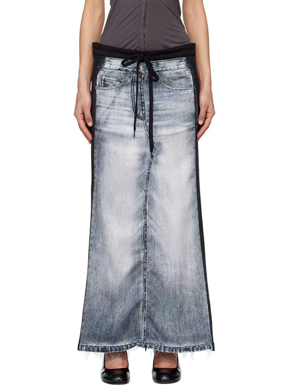 Spring Summer Deconstruction Niche Design Worn Looking Washed out Denim Printing Patch Sweater Long Skirt Women