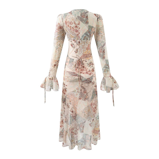 Summer Women Long Sleeved V neck Printed Dress Women