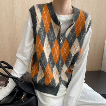 Mid Ancient Design College Hit Color Diamond Lattice round Neck Double Zipper Knitted Vest