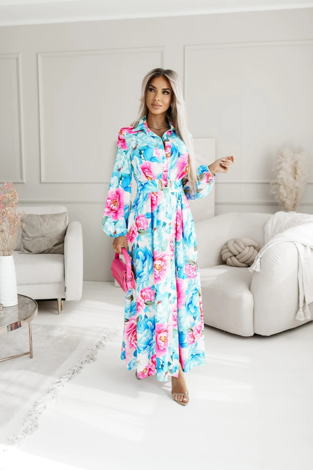 Women Clothing Dress Autumn Floral Print Slit Midi Dress Women Clothing